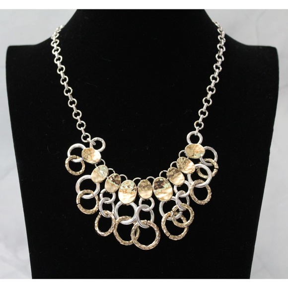 Pre-Owned Unknown Jewelry - Vintage Light Gold and Silver Statement Necklace with Multiple Ring Drops N61